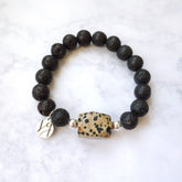 Posey Spotted Lava Charcoal Dalmatian Jasper Beaded Aromatherapy Essential Oil Stretch Bracelet